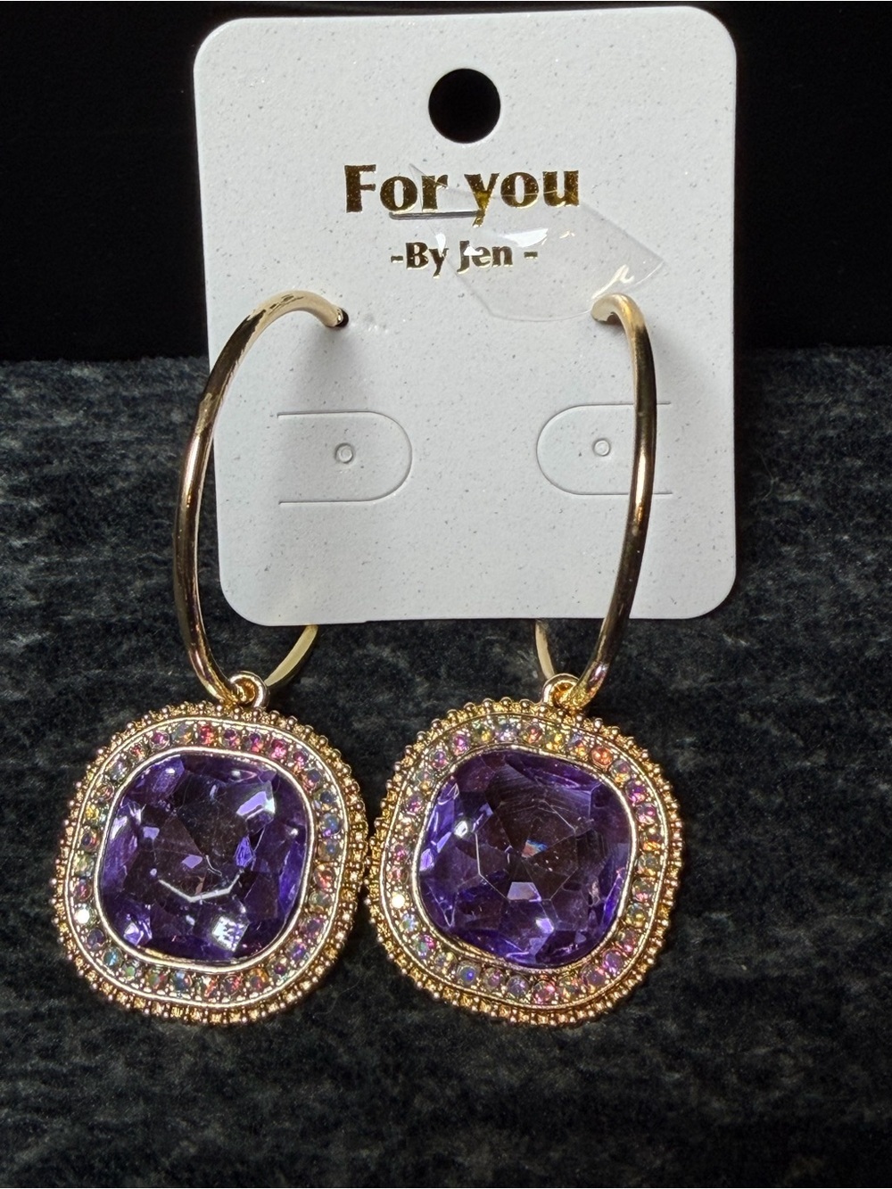 NWT Purple Crystal Rhinestone Hoop Earrings Gold Tone Statement Glam